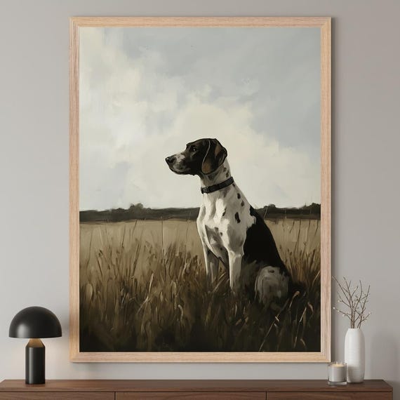 English Pointer Rustic Field Wall Art, Hunting Dog Portrait Print