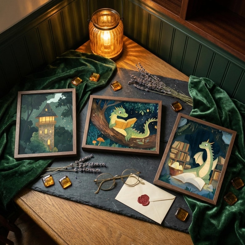 Nursery Wall Art, Reading Dragon, Whimsical Forest Decor, Magical Library Illustration, Storybook Dragon Prints, Set of 3 image 4