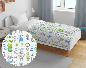 Robot Personalized Name Duvet, Baby Toddler, Kids Duvet Cover Bedding | Custom Name Duvet in Twin, Twin XL and Queen Size | Robot Decor