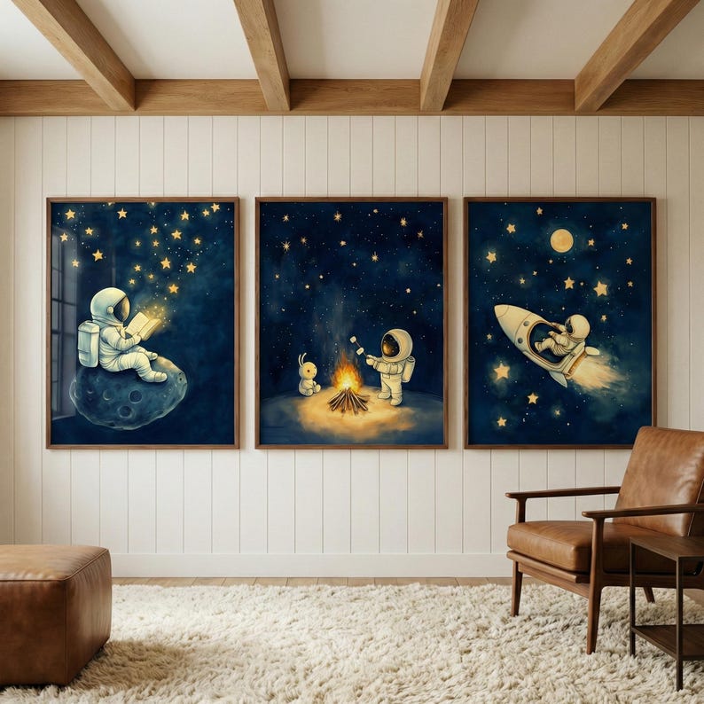 Astronaut Space Wall Art Set of 3, Whimsical Outer Space Nursery Decor ...