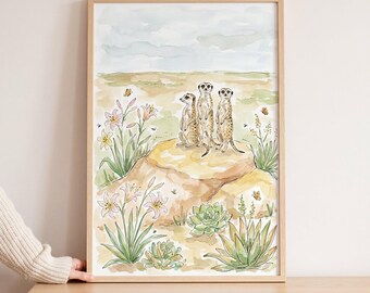 Standing Lookout Desert Meerkats Wall Art, African Savanna Nursery Decor, Watercolor Meerkat Family Print, Safari Animal Art, Desert Flora