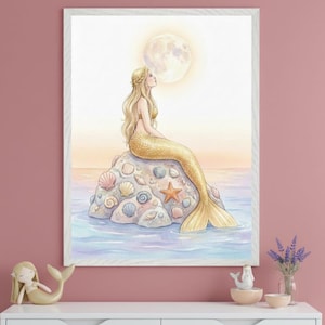 Mermaid Golden Tail Wall Art, Celestial Nursery Decor, Whimsical Sea Creature Print, Moonlight Mermaid Illustration, Ocean Fantasy Poster