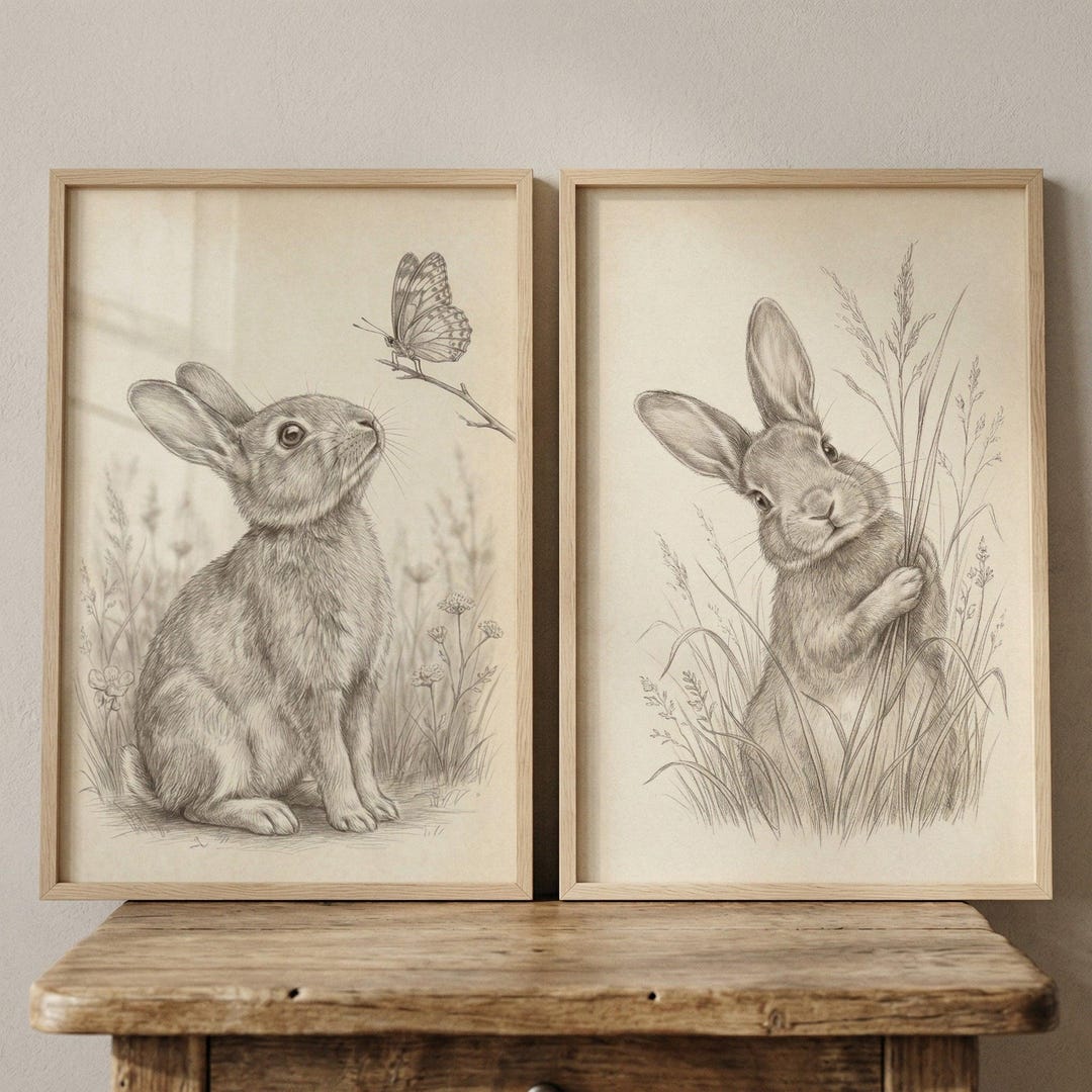 Vintage Sketch Neutral Rabbit Wall Art Set of 2, Woodland Nursery Decor ...