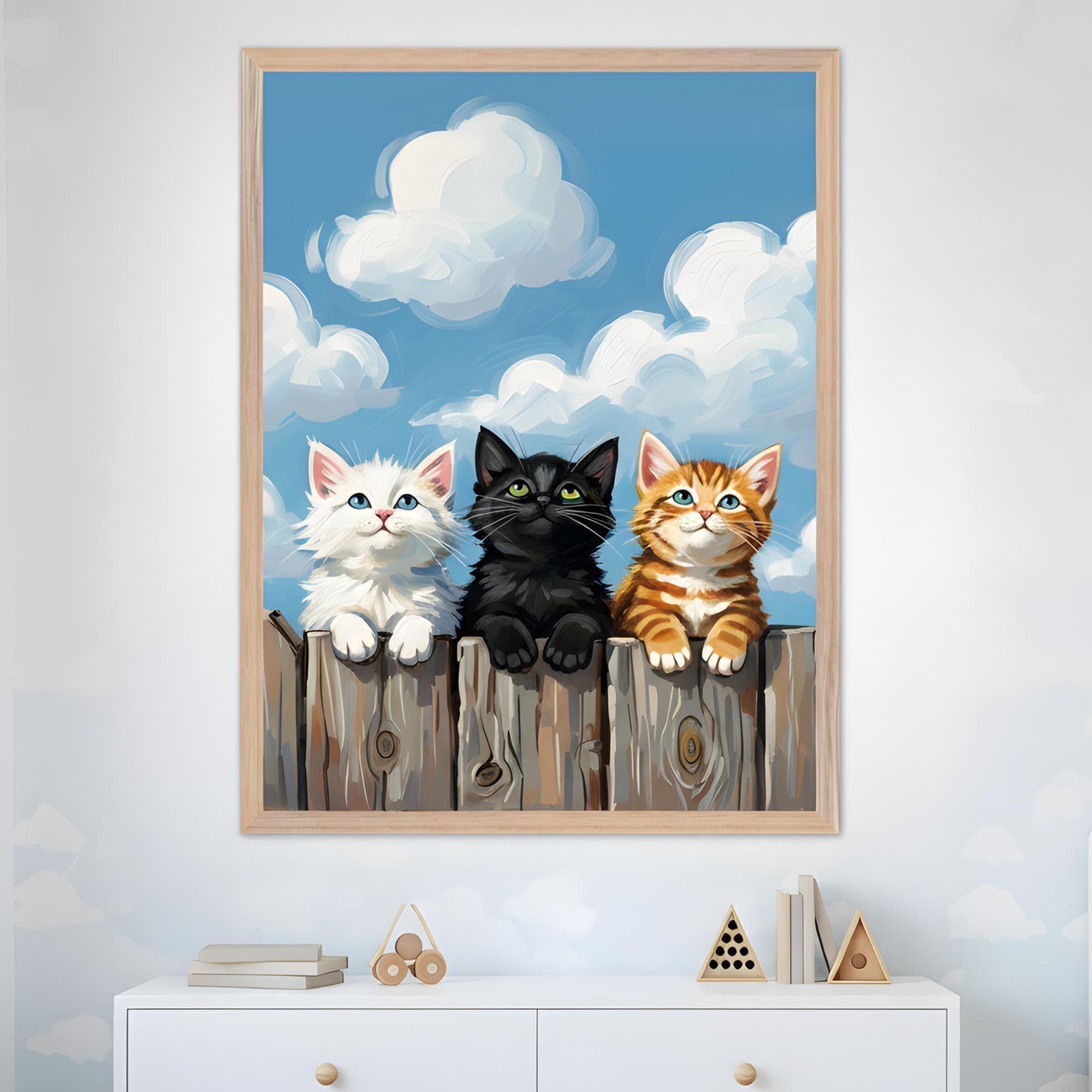 Baby Cats Vibrant Blue Sky Wall Art, Three Kittens on Wooden Fence