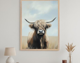 Highland Cow Rustic Farmhouse Style Wall Art, Scottish Cattle Digital Print, Country Home Decor, Shaggy Cow Nursery Art, Farm Animal Poster