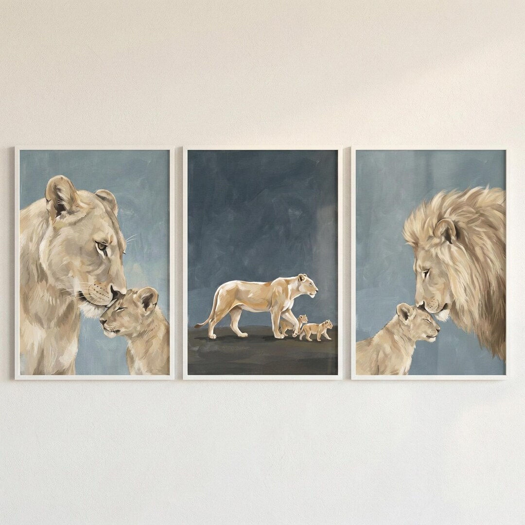 Lion Cub Affection Wall Art Set of 3, Safari Nursery Decor, Lion Family ...