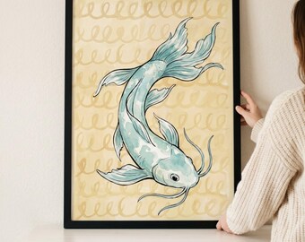 Serene Watercolor Blue Koi Fish Wall Art, Zen Japanese Animal Decor, Minimalist Aquatic Illustration, Feng Shui Office Decor