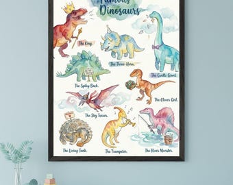 Watercolor Dinosaur Collection Whimsical Illustrated Wall Art, Nursery Decor, Kids Room Art, Prehistoric Animal Poster