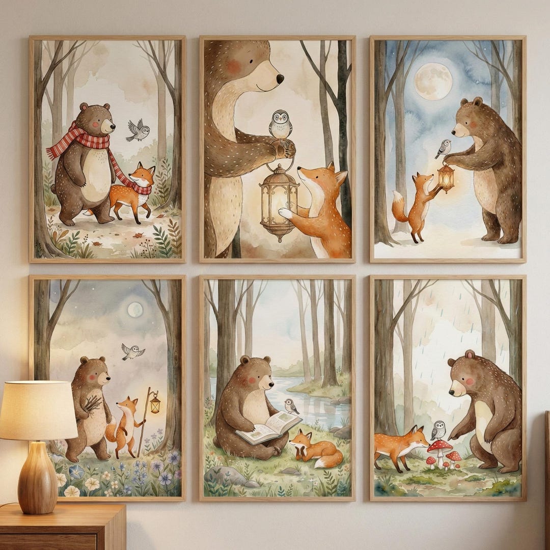 Woodland Bear Print Set of 6, Forest Animal Nursery Decor, Fox and Owl ...