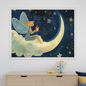 Fairy Whimsical Winged Wall Art, Celestial Moon Nursery Decor, Magical Night Sky Illustration, Lantern Sprite Print, Cottagecore Kids Decor
