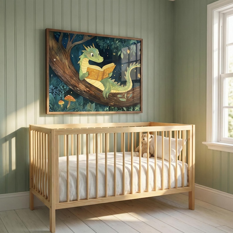 Dragon Nursery Art, Reading Book Print, Whimsical Nursery Decor, Enchanted Forest Illustration, Fairytale Storybook Poster image 3