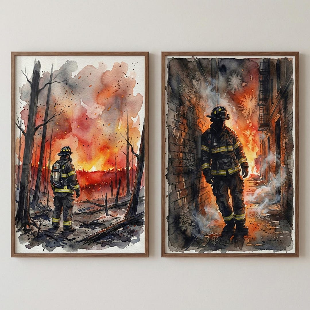 Watercolor Firefighter Wall Art Set of 2, Fireman Home Decor, First ...