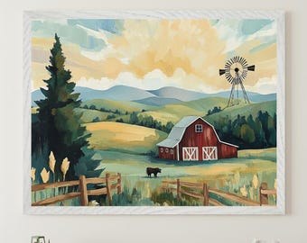 Bauernhof Landschaft gerahmte Wandkunst, rustikale Scheune und Windmühle, Kinderzimmer & Kinderzimmer Dekor