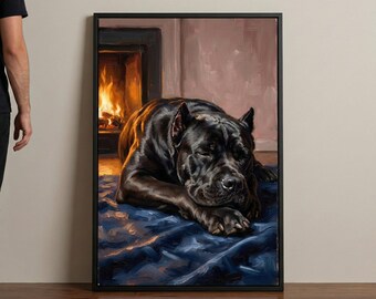 Sovande svart hundkonst, mysig hund vid eldstaden i oljemålningsstil, varm vardagsrumsinredning, omtänksam present till hundälskare
