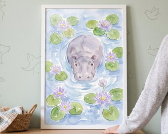 Water Lily Hippo Wall Art, watercolor nursery decor, hippopotamus pond illustration, whimsical safari animal print, botanical nursery art