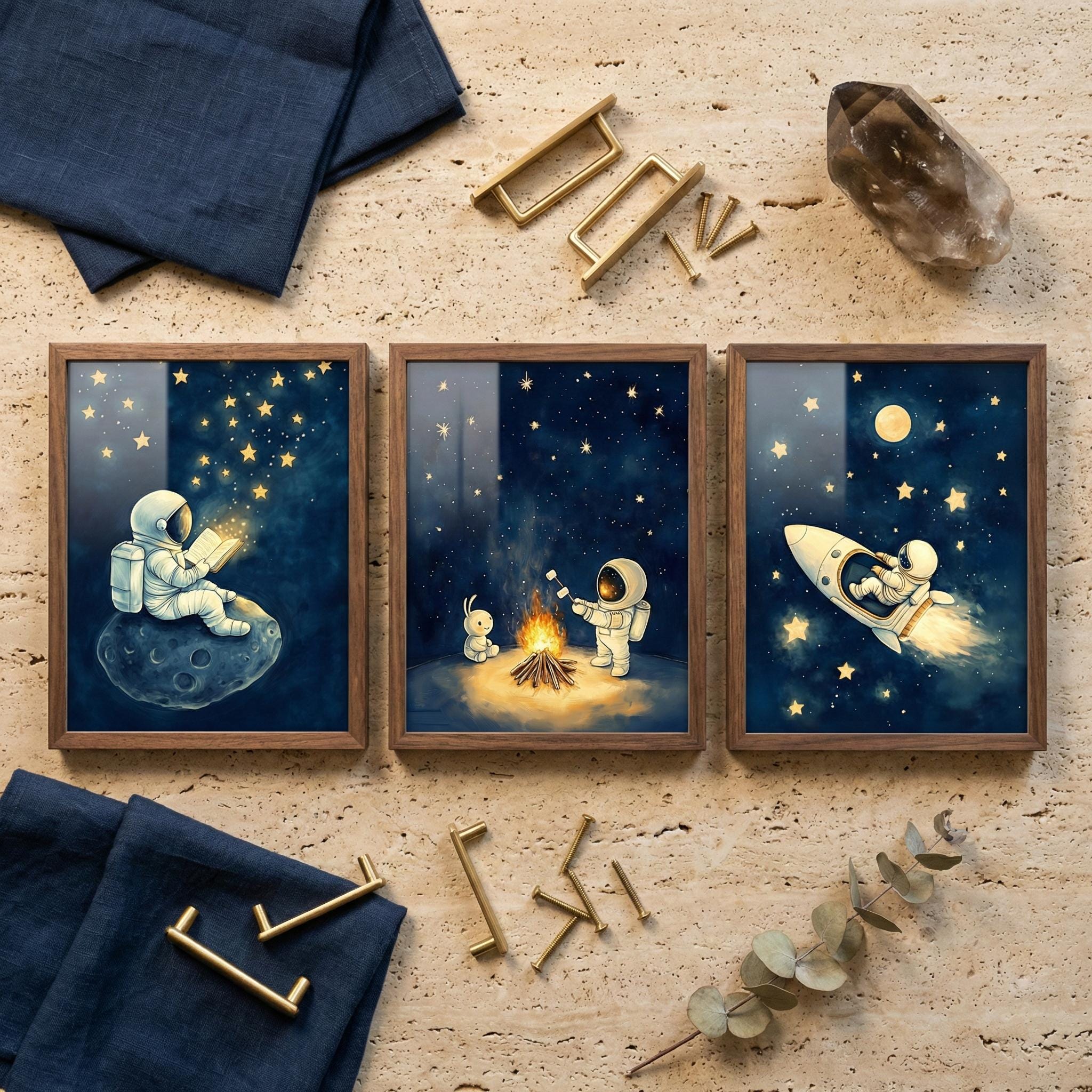 Astronaut Space Wall Art Set of 3, Whimsical Outer Space Nursery Decor ...