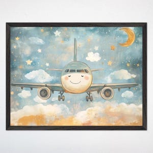Décoration murale avion, toile lune et étoiles fantaisistes, jolie décoration avion souriante, cadre artistique ciel rêveur pour chambre d'enfants non sexiste