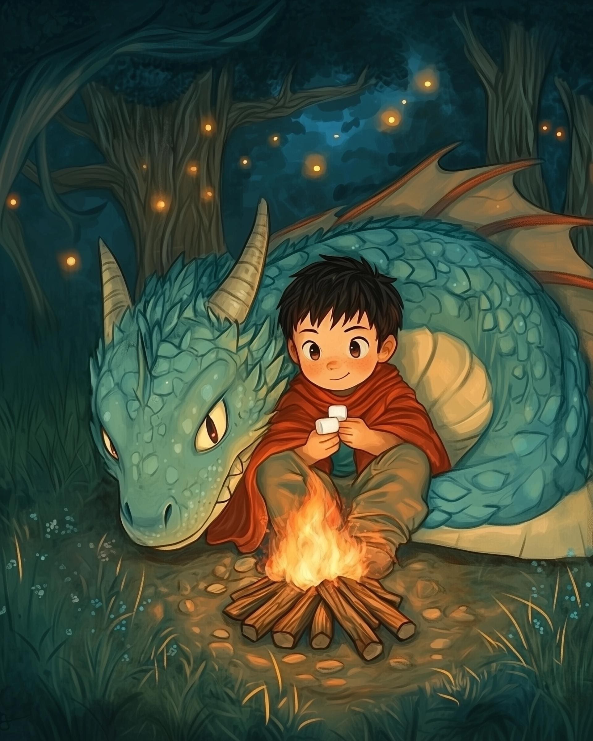 Dragon and Boy Campfire Mythical Wall Art, Fantasy Forest Nursery