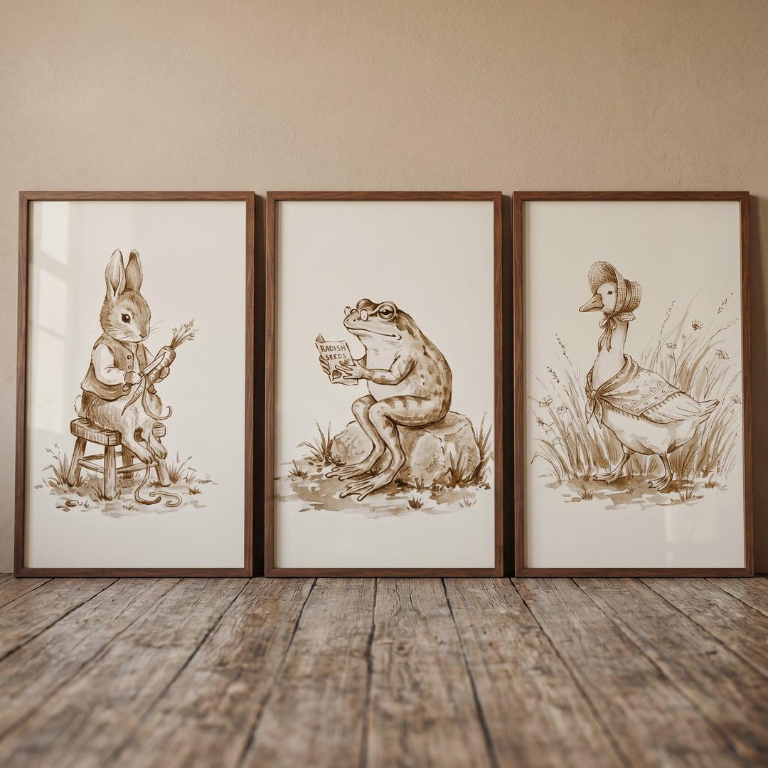 Sepia Point Rabbit Sepia Watercolor Garden Animal Wall Art Set of 3, Vintage Rabbit Frog ...