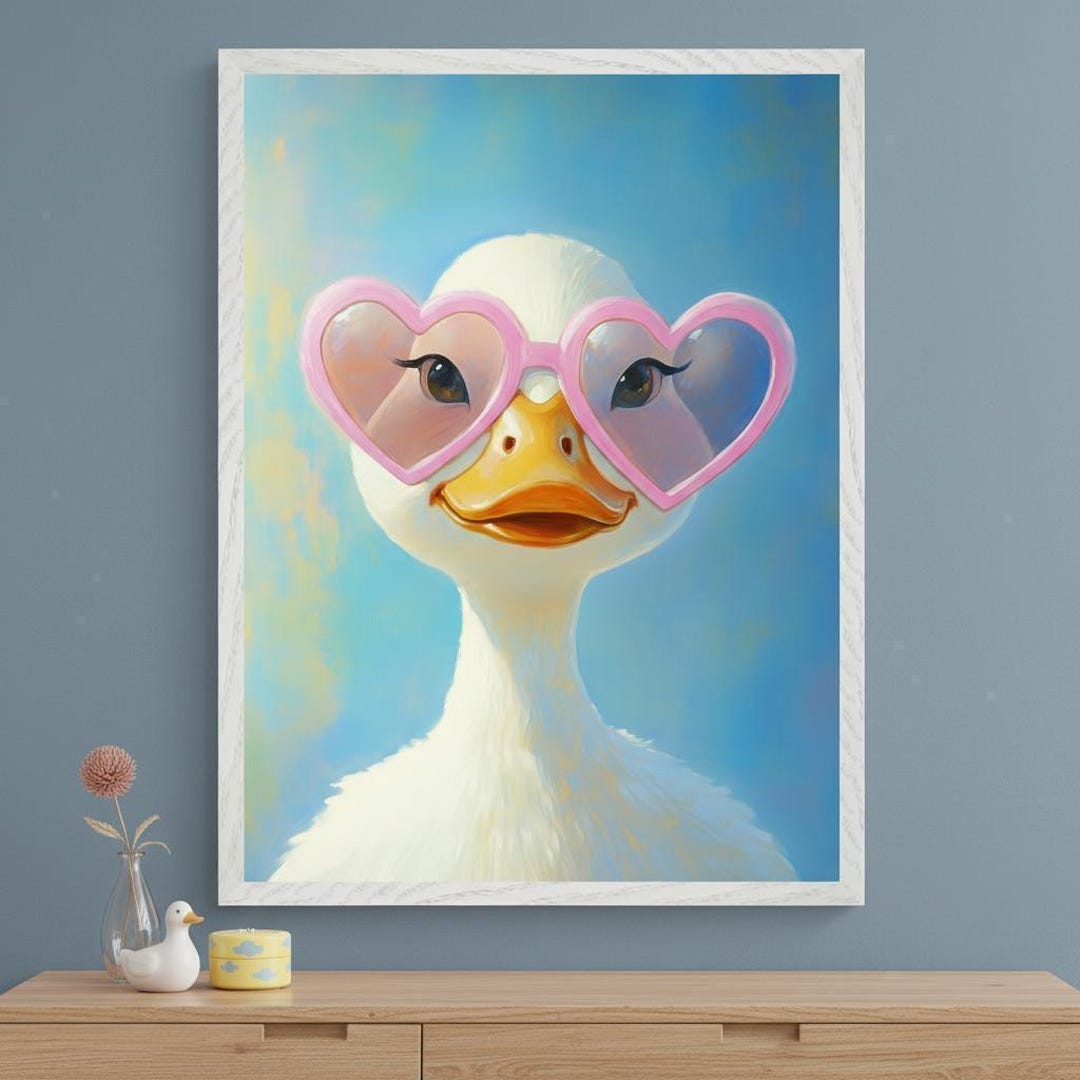 White Duck Heart Sunglasses Art, Whimsical Bird Illustration, Pink