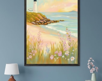 Lighthouse Coastal Impressionist Wall Art, Pastel Beach Sunset Decor, Nautical Seascape Art, Wildflower Shoreline Print, Ocean View Decor