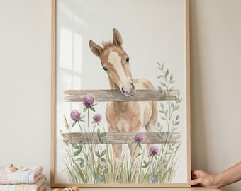 Watercolor Purple Clover Foal Wall Art, Farmhouse Nursery Decor, Baby Horse Illustration, Rustic Meadow Print, Equestrian Room Decor