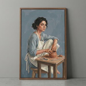 Female Potter Rustic Wall Art, Ceramic Artist Studio Decor, Pottery Workshop Illustration, Artisan Woman Portrait, Clay Maker Studio Poster