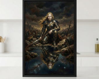 Armored Female Knight Kneeling on Battlefield Wall Art, Fantasy Warrior Woman Decor, Valkyrie Celestial Reflection, Dark Heroine Print