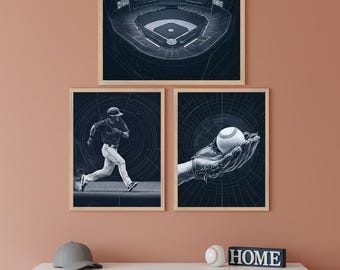 Baseball Kids Room Wall Art - Set of 3, navy blue sports nursery decor, stadium blueprint art, baseball player poster, ball and glove print