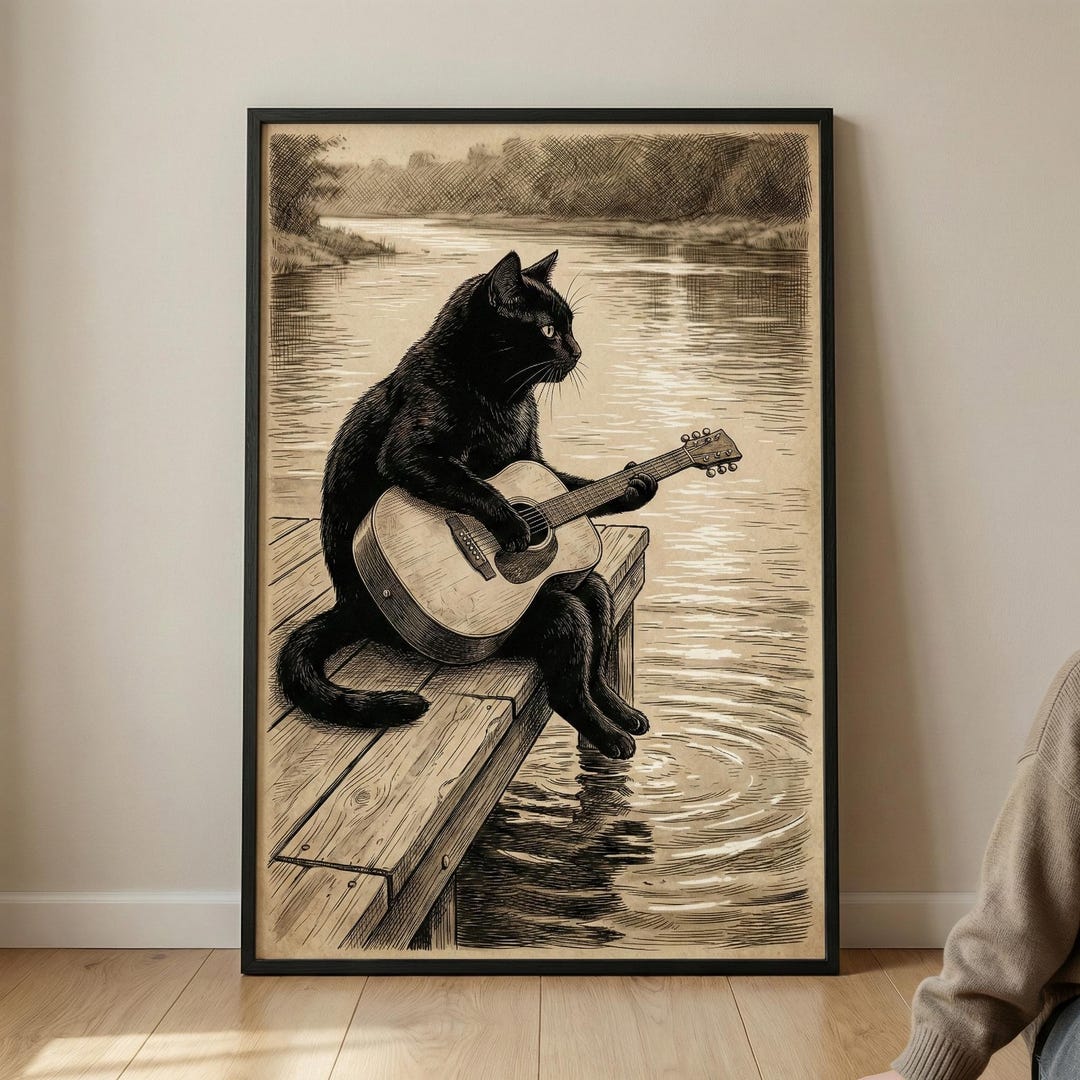 Black Cat Guitar Wall Art, Vintage Etching Cat Print, Retro