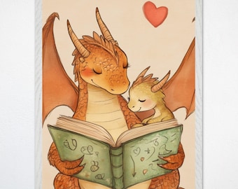 Dragon Reading Book Nursery Wall Art, Whimsical Dragon Canvas for Kids, Dragon Poster, Dragon Playroom Decor, Dragon Framed Art