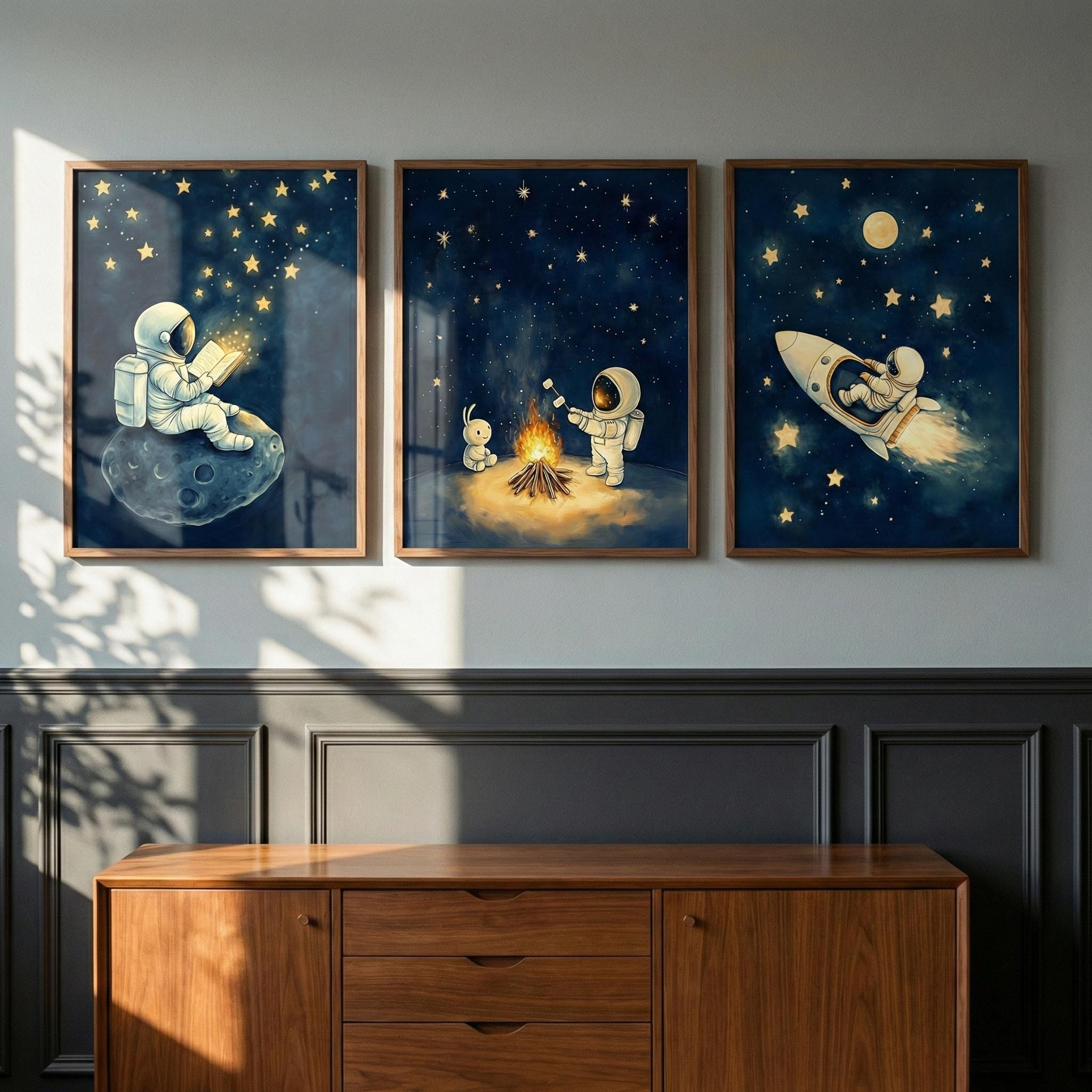 Astronaut Space Wall Art Set of 3, Whimsical Outer Space Nursery Decor ...