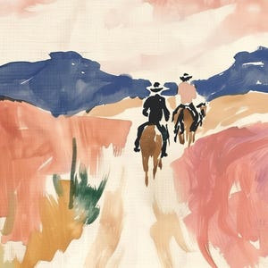 Western Cowboy Wall Art, Desert Landscape Print, Southwestern Decor, Horse Rider Illustration, Abstract Boho Poster, Ranch House Decor afbeelding 2