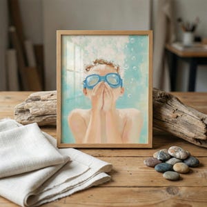 Boy Swimming Underwater Wall Art, Kids Pool Decor, Summer Vacation Print, Goggles And Bubbles Illustration, Coastal Nursery Decor