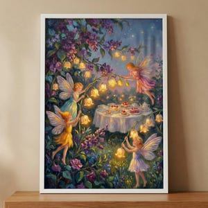May include: A framed painting depicts a whimsical scene of fairies in a moonlit garden. Fairies with translucent wings gather around a table set with cakes and tea. The artwork features vibrant colors and soft lighting, creating a magical atmosphere.