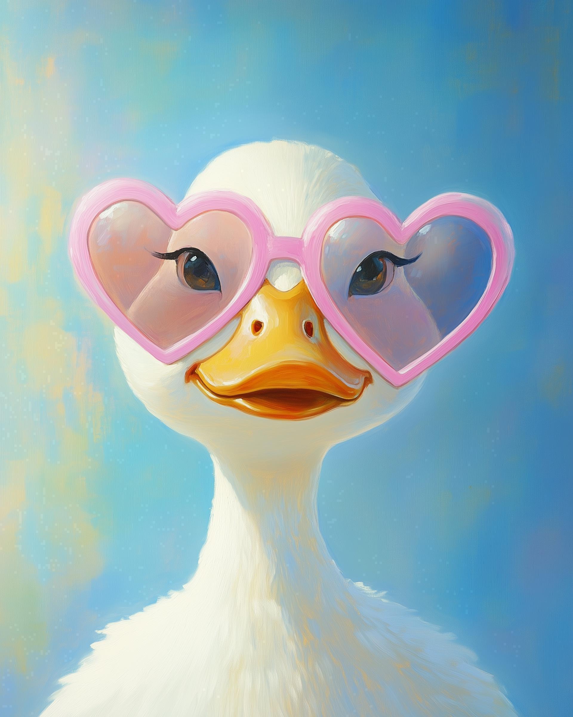 White Duck Heart Sunglasses Art, Whimsical Bird Illustration, Pink