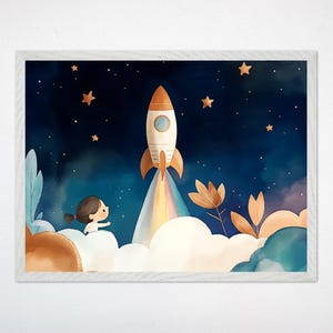 Weltraumrakete Wandkunst, Leinwand für Kinderzimmer, Galaxy-Dekor, Gender-Neutrales gerahmtes Poster, Kinderzimmer-Weltraum-Kunstwerk