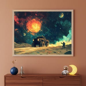 Monster Truck Cosmic Landscape Wall Art, Astronaut Outer Space Decor, Sci Fi Nebula Poster, Surreal Alien Planet Print, Kids Room Space Art