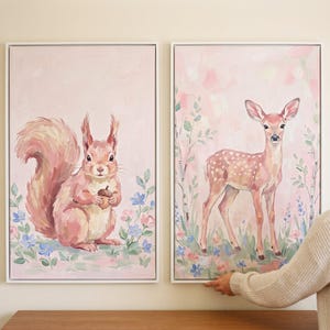 Romantic Pink Woodland Animals Wall Art Set of 2, Nursery Wall Decor, Fawn Squirrel Prints, Cottagecore Forest Decor, Baby Girl Room Decor