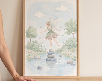 Balancing Stone Fairy Wall Art, Enchanted Woodland Nursery Decor, Whimsical Sprite Watercolor, Cottagecore Nature Art, Pastel Forest Decor