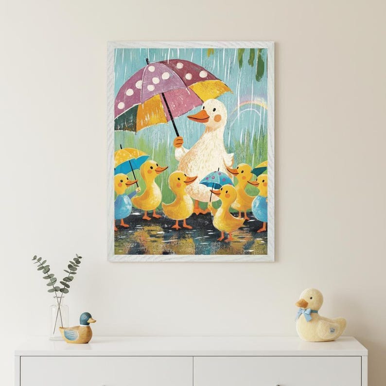 Mother Duck With Her Ducklings Wall Art, Nursery Rainy Day Decor, Whimsical Childrens Room Print, Cute Duck Illustration image 1