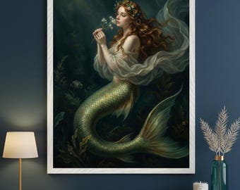 Ethereal Underwater Siren Whimsical Print Wall Art, Fantasy Mermaid Decor, Mythical Ocean Goddess, Floral Sea Maiden