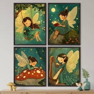 May include: A set of four framed art prints showcasing fairy illustrations. Each print portrays a fairy in a unique setting: on a swing, reading, writing, and playing a harp. The fairies are dressed in green and have detailed wings.