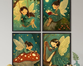 Fairy Kids Room Wall Art - Set of 4, Enchanted Forest Nursery Decor, Whimsical Woodland Art, Cottagecore Girl Prints, Fairytale Pixie Decor