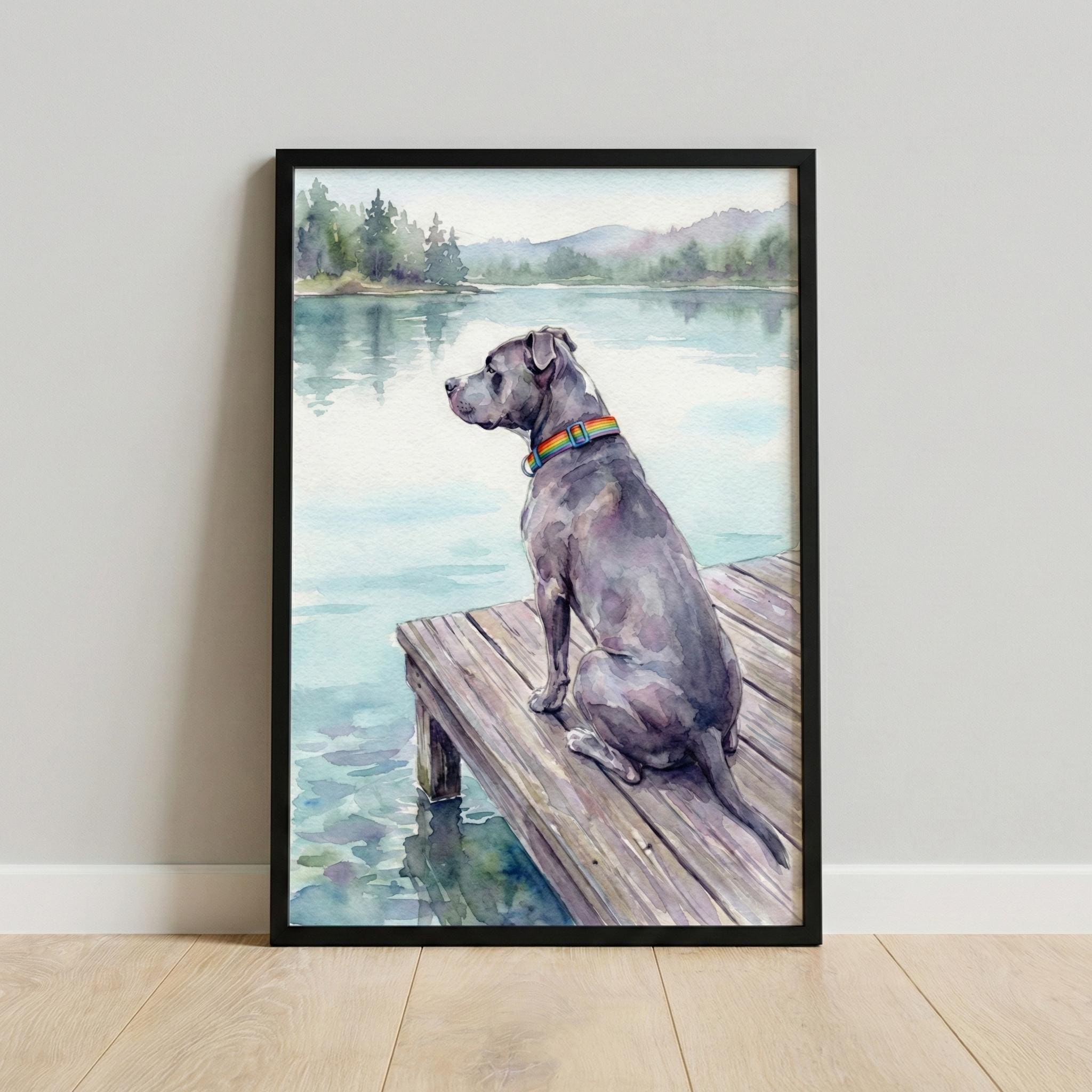 Watercolor Pitbull Print, Rainbow Collar Dog Art, Pitbull on Dock