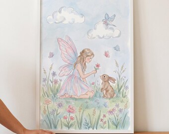 Kneeling Meadow Garden Fairy Wall Art, whimsical nursery decor, enchanted forest sprite, watercolor bunny rabbit, floral fantasy art