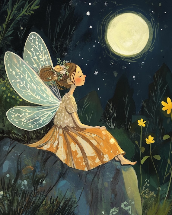 Winged Fairy Under the Moon Wall Art, Enchanted Forest Nursery