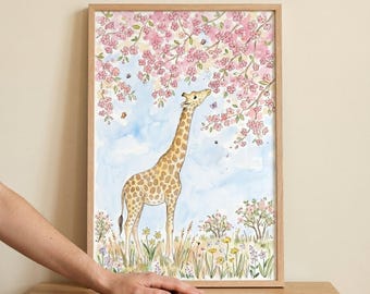Pink Blossom Giraffe Wall Art, Watercolor Nursery Decor, Whimsical Animal Illustration, Pastel Floral Print, Spring Garden Poster