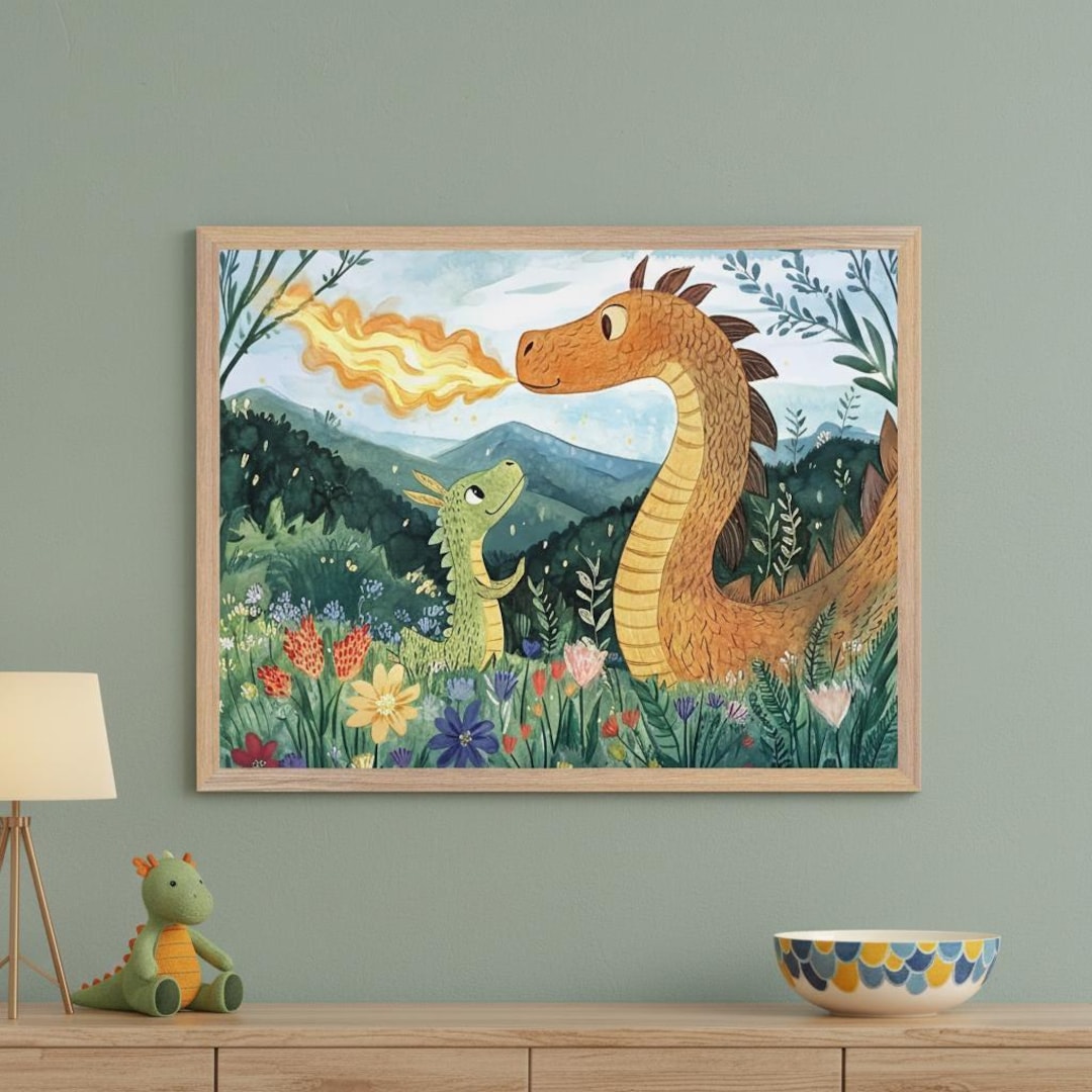 Fire Breathing Dragon Whimsical Watercolor Style Wall Art, Fantasy ...
