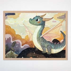Dragon Nursery Wall Art, Whimsical Dragon Canvas for Kids Room, Fantasy Dragon Framed Art Decor